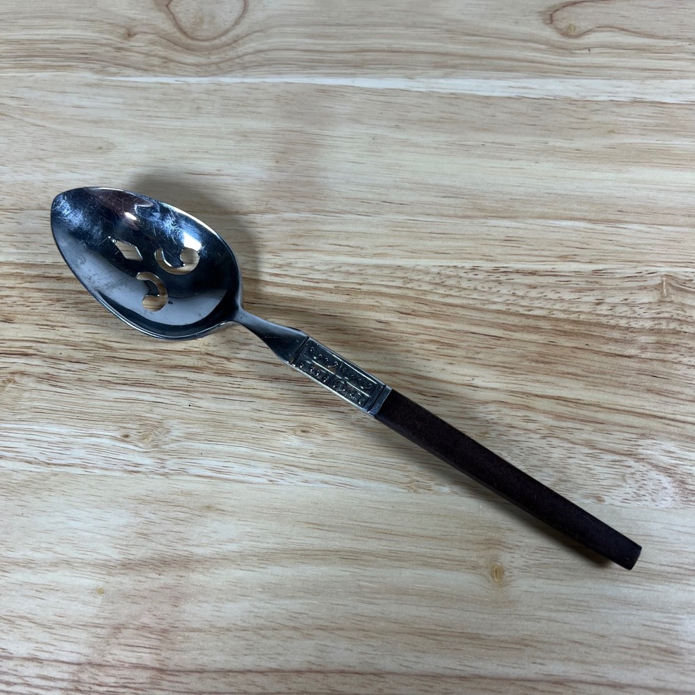 Ekco Eterna La Jolla Slotted Serving Spoon Stainless Steel Wood Handle Korea